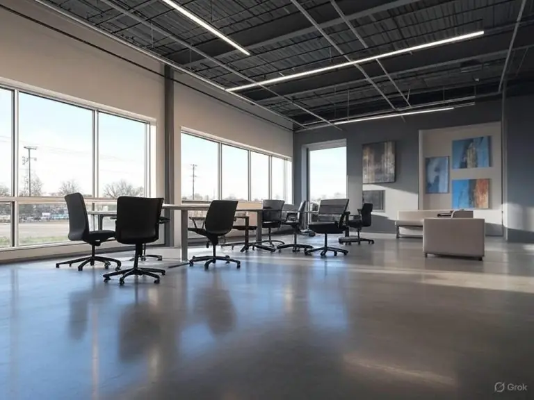 Commercial office interior with an open ceiling and large windows