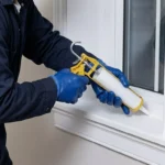 Contractor performing air drafts sealing and caulking on a window frame in Toronto.