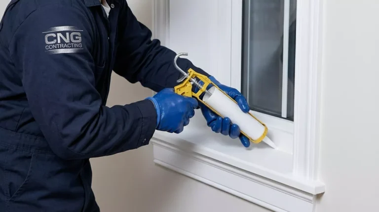 Contractor performing air drafts sealing and caulking on a window frame in Toronto.