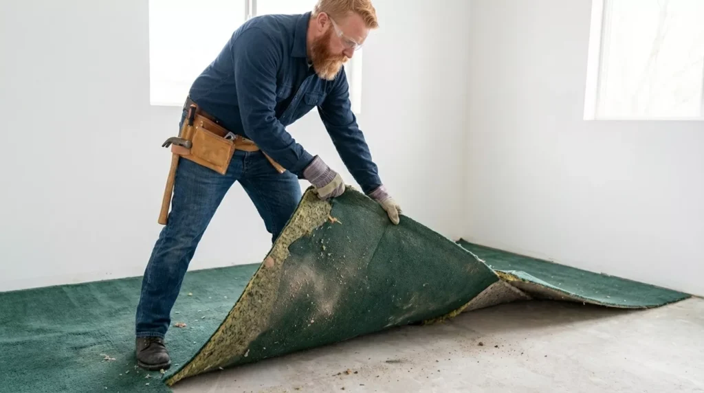 Professional Carpet Removal & Disposal Toronto rolling up old padding by CNG Contracting.