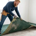 Professional Carpet Removal & Disposal Toronto rolling up old padding by CNG Contracting.