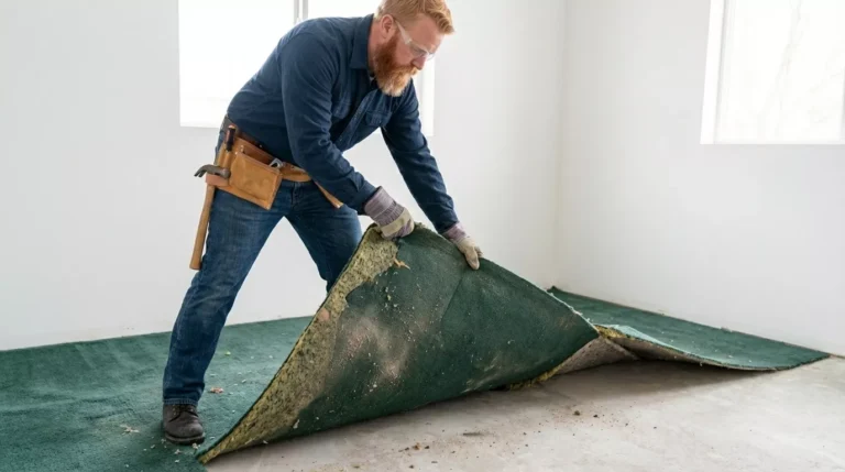 Professional Carpet Removal & Disposal Toronto rolling up old padding by CNG Contracting.