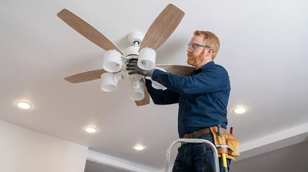 Professional Ceiling Fan & Light Fixture Installation Toronto mounting modern fan by CNG Contracting.