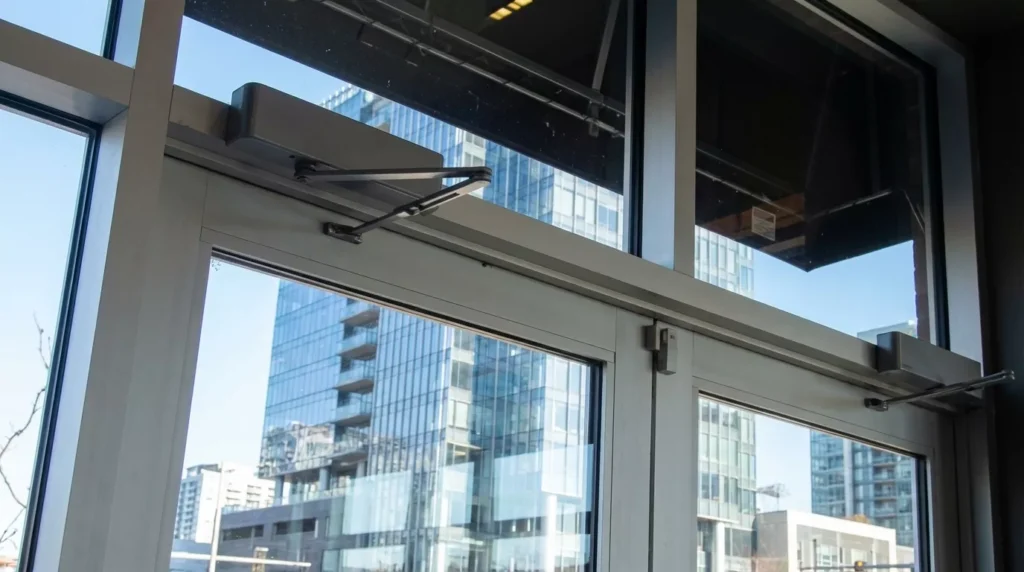 Professional Door Closure Mechanisms Toronto adjusting hydraulic arm speed by CNG Contracting.