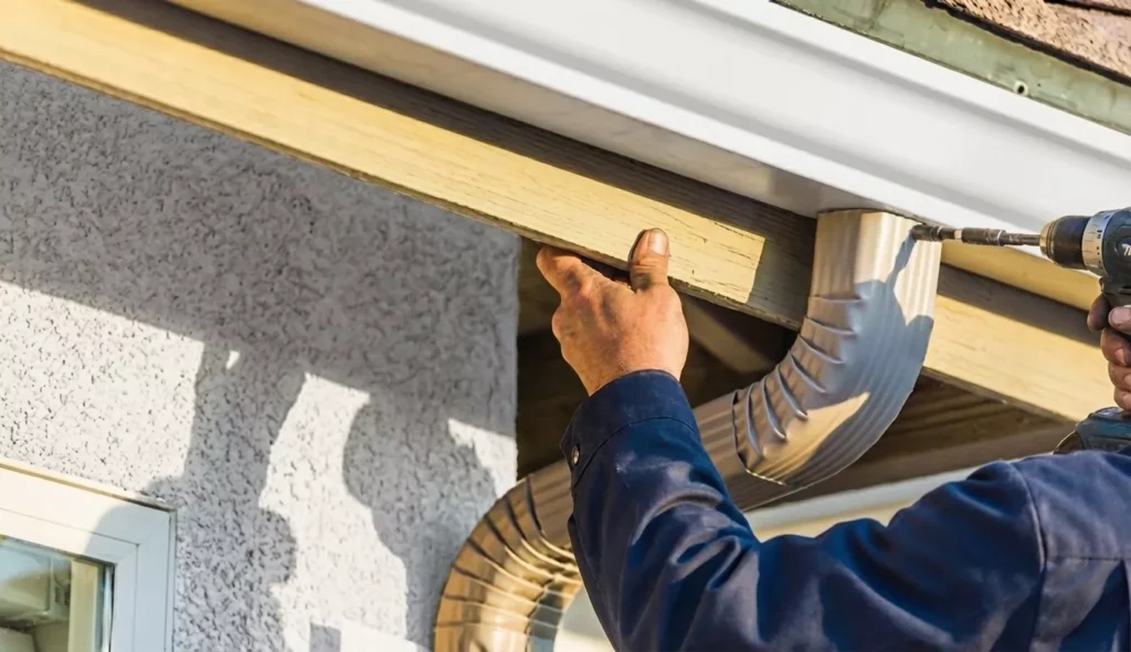 Professional Downspout Replacement Toronto installing aluminum leader pipe by CNG Contracting.