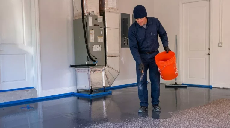 Professional Epoxy Floor Coating Toronto spreading decorative flakes by CNG Contracting.