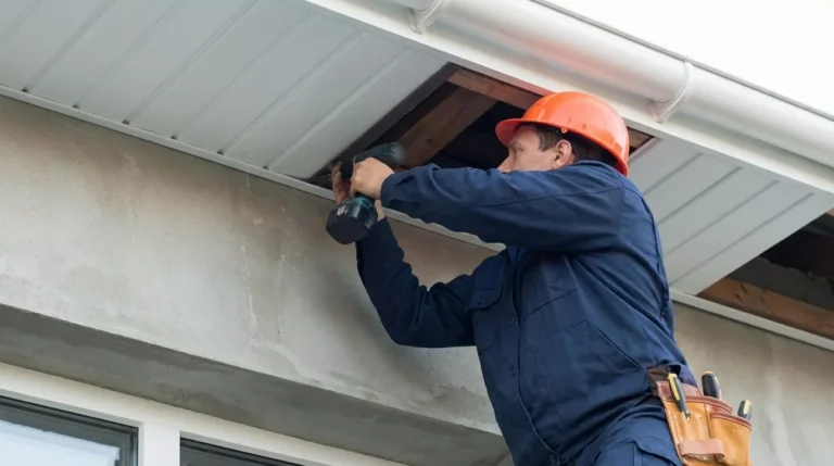 Professional Fascia Board Check or Replacement Toronto inspecting wood rot behind gutters by CNG Contracting.