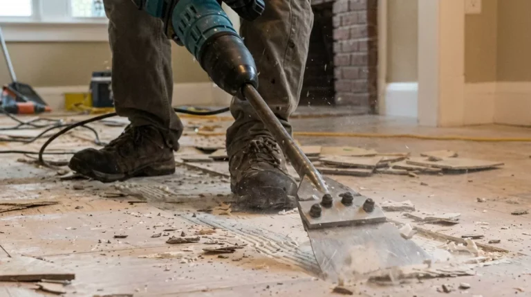 Professional Flooring Removal & Preparation Toronto scraping old tile adhesive by CNG Contracting.