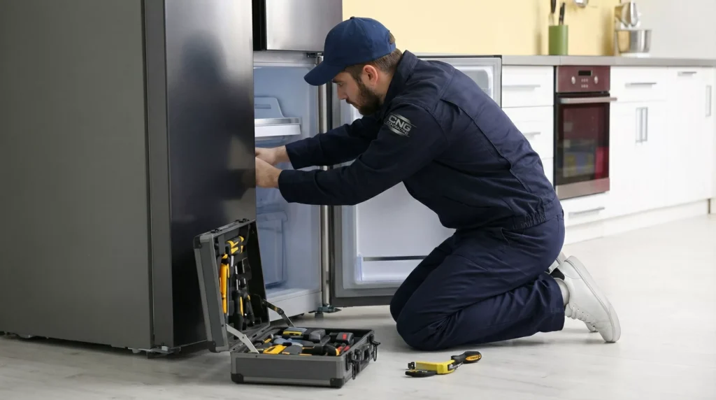 Technician performing Minor Fridge Leak Repairs and checking connections in Toronto.
