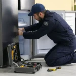 Technician performing Minor Fridge Leak Repairs and checking connections in Toronto.
