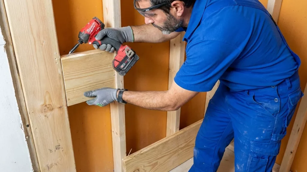 A carpenter installing solid 2x6 wood blocking between wall studs before drywall installation. The image highlights the critical 'rough-in' step that allows future grab bars to be mounted securely anywhere on the wall