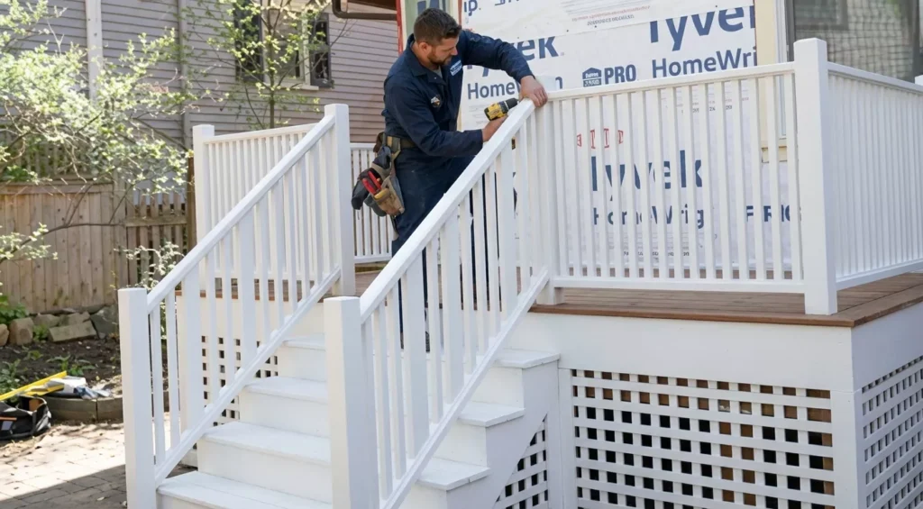 Professional Guard & Railing Installation Toronto securing aluminum deck railing by CNG Contracting.