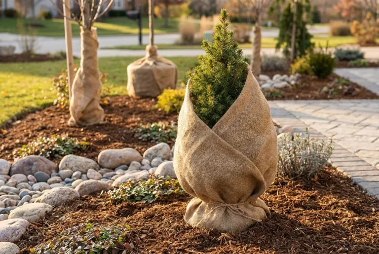 Professional Landscape & Small Tree Wrap Toronto protecting spruce trees with burlap by CNG Contracting.