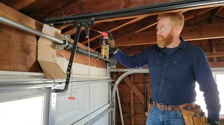 Professional Roller & Track Lubrication Toronto spraying silicone on garage door rollers by CNG Contracting.