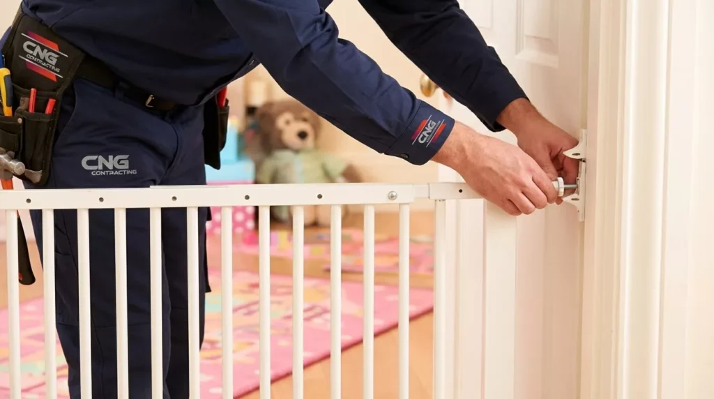 Professional Stair Gate Installations Toronto securing top of stairs by CNG Contracting.