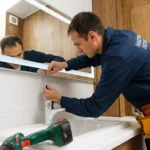 Professional Vanity & Mirror Installation Toronto securing floating cabinet by CNG Contracting.