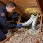 Technician checking attic baffles and soffit vents during a ventilation inspection in Toronto.