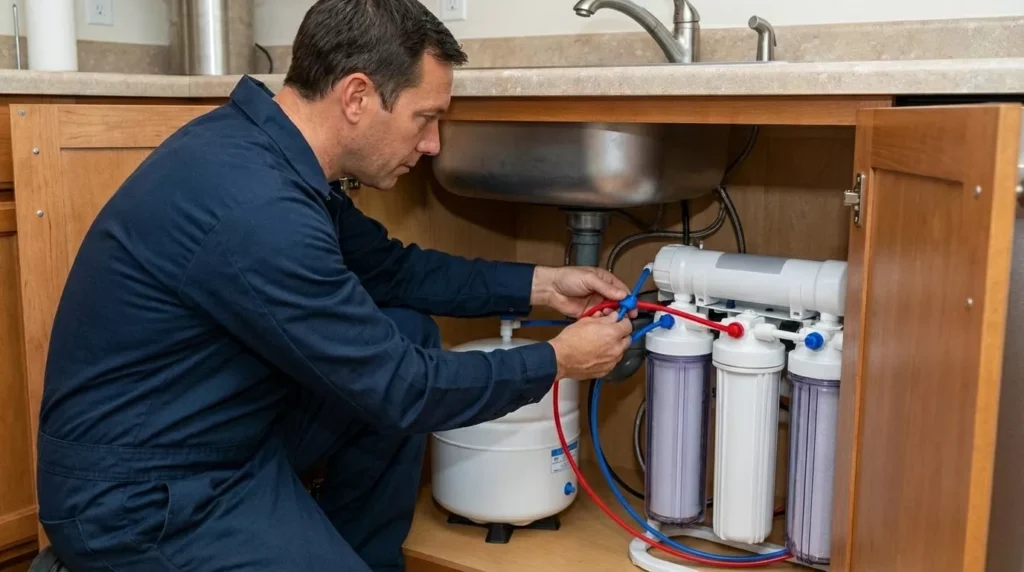 Professional Water Filtration System Hookup Toronto installing reverse osmosis unit by CNG Contracting.