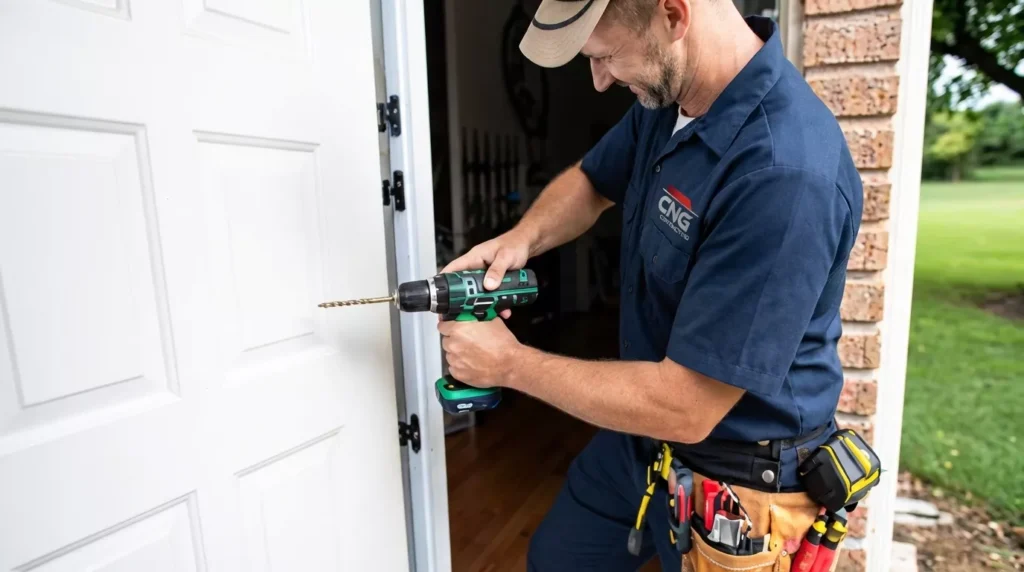 Professional Weathered Door Alignment Toronto technician adjusting hinges on a warped exterior door by CNG Contracting.