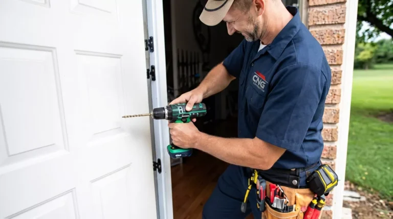 Professional Weathered Door Alignment Toronto technician adjusting hinges on a warped exterior door by CNG Contracting.