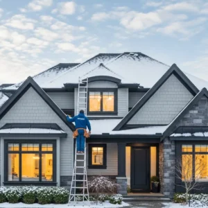 Winter Home Maintenance Package A modern Canadian home covered in fresh snow with warm interior lights, representing professional winter maintenance and preparation by CNG Contracting in Toronto.