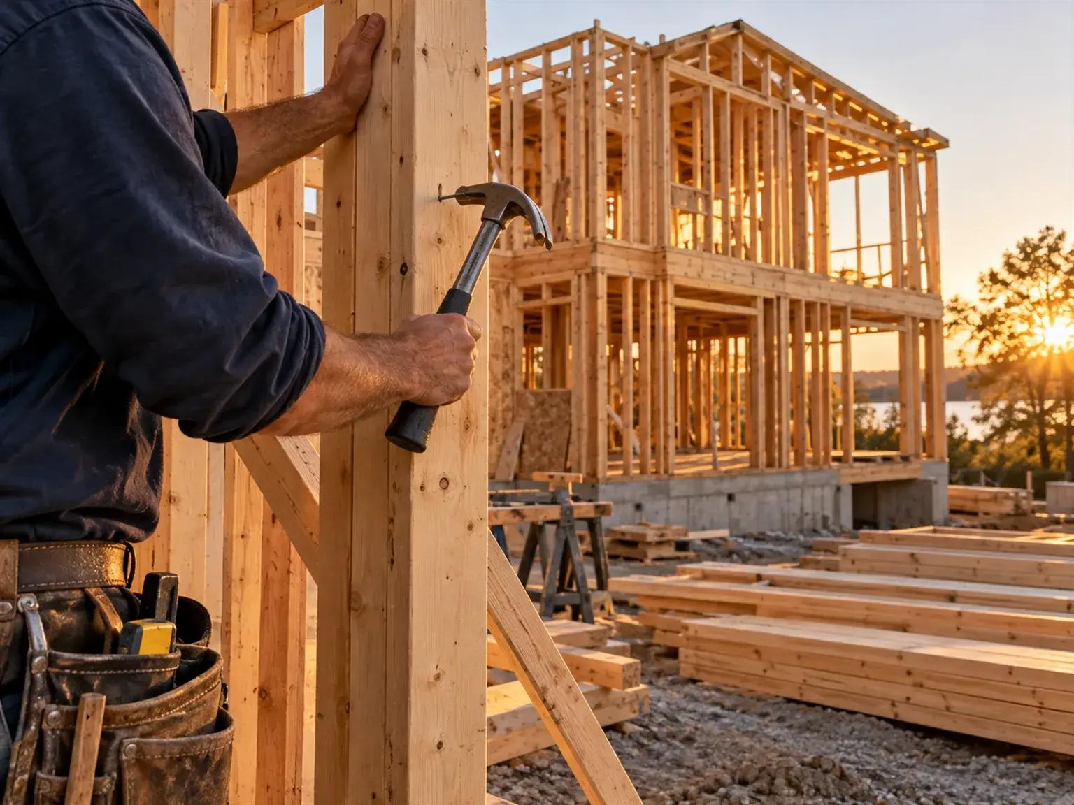Carpenter framing a house in Ontario
