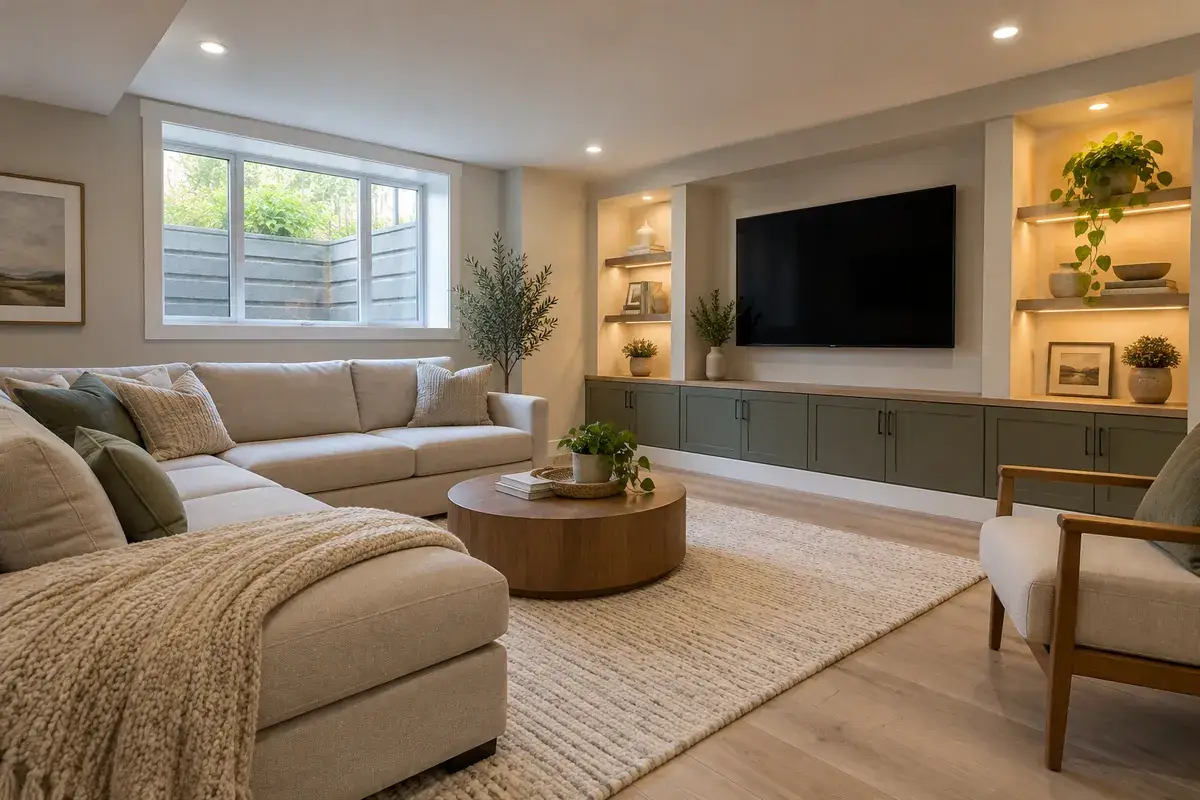 Finished basement family room with pot lights, vinyl plank floors and a built-in media wall