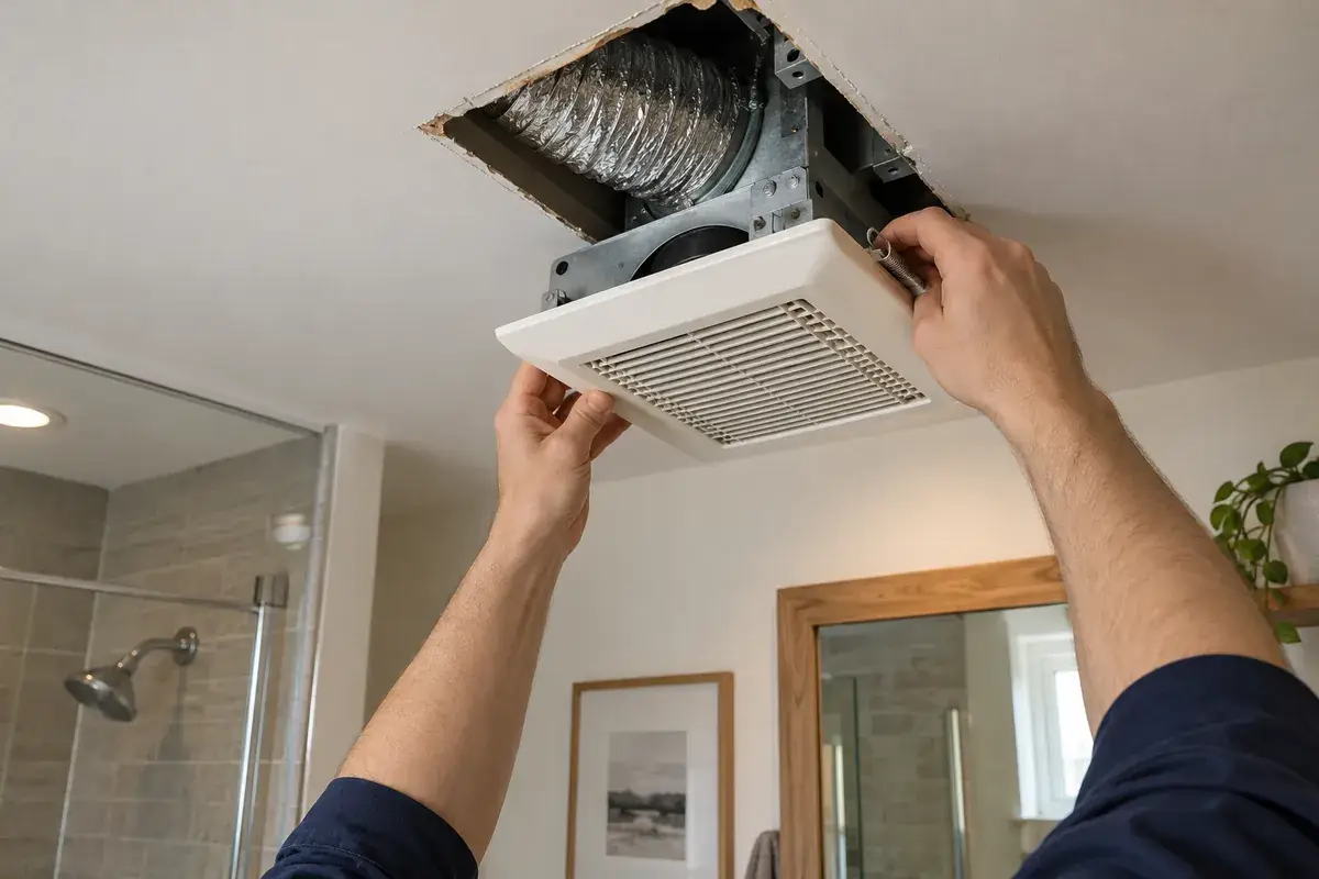 Hands installing a new bathroom exhaust fan in the ceiling with the duct visible