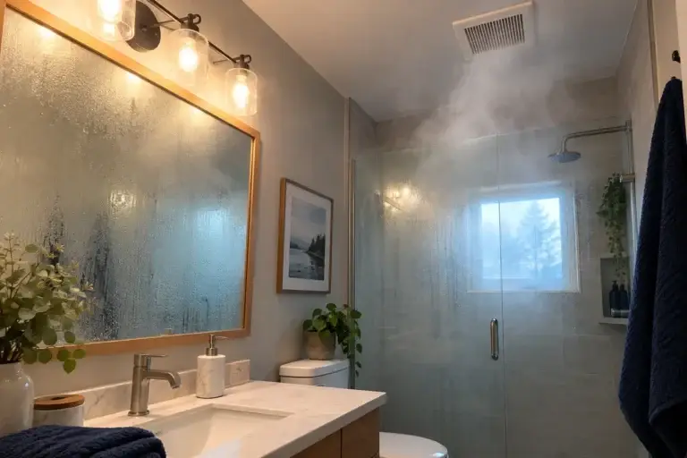 Bathroom after a hot shower with a fogged mirror and steam near the ceiling fan