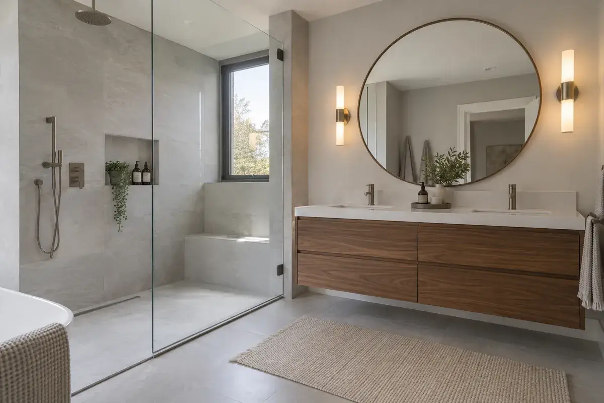Renovated bathroom with a frameless glass walk-in shower and a floating walnut double vanity