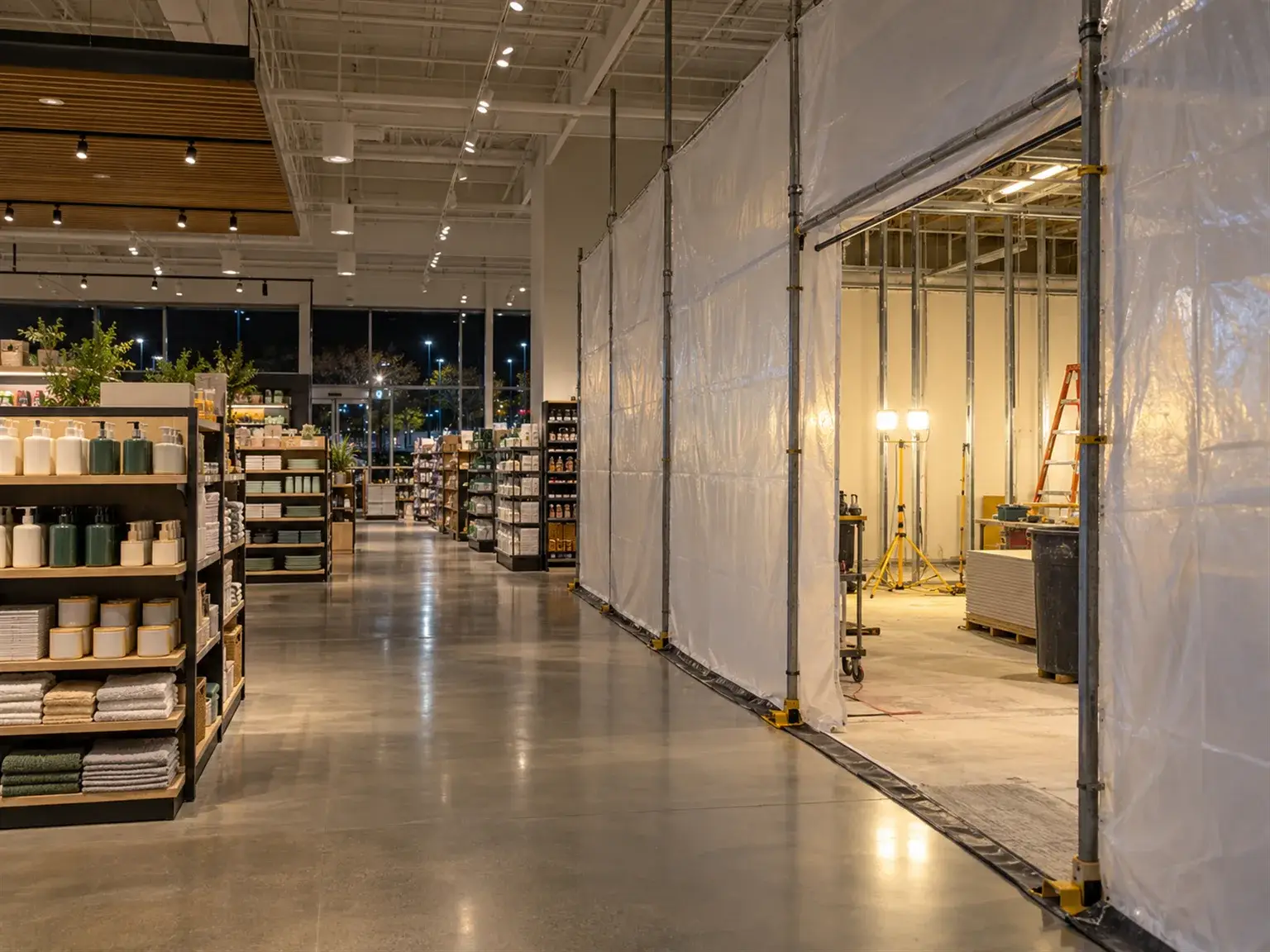 Retail store renovation done after hours behind a temporary partition
