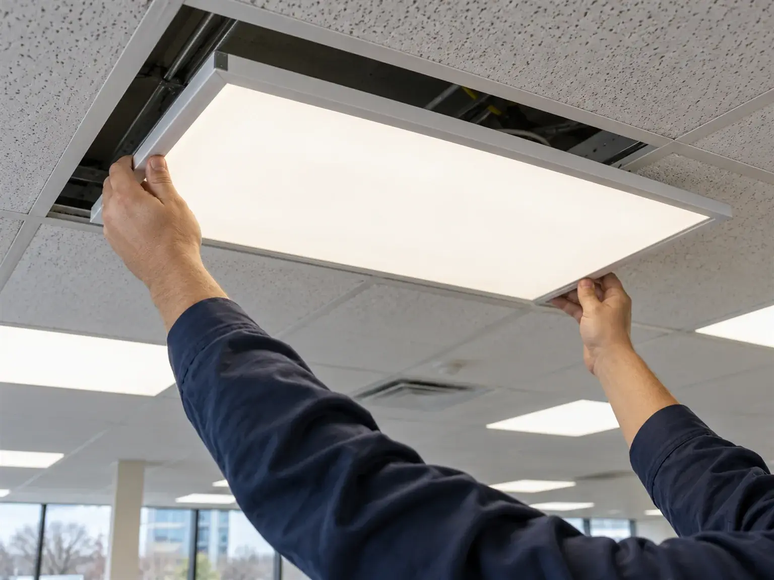 LED panel light being installed in a commercial ceiling