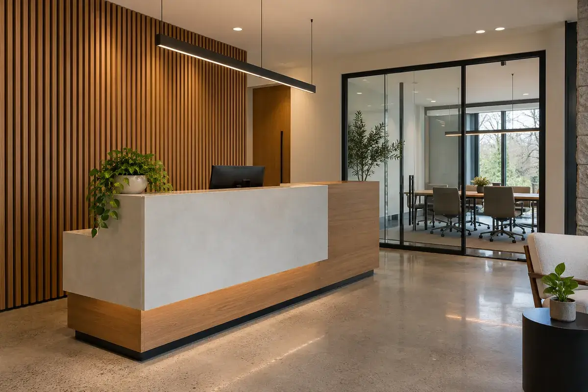 Renovated office reception with a wood slat wall, a modern desk and a glass meeting room