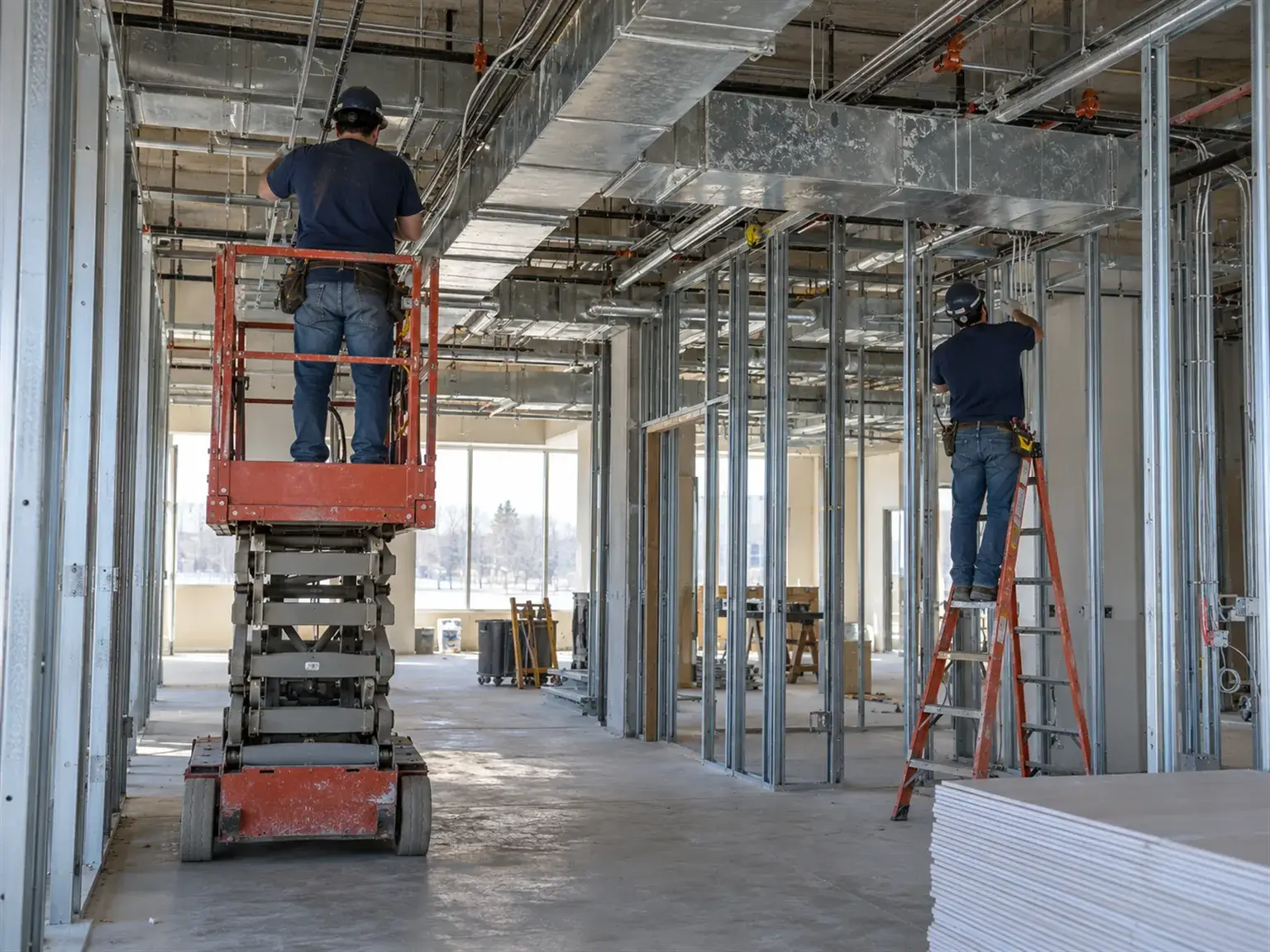 Steel stud walls and ductwork during an office fit-out