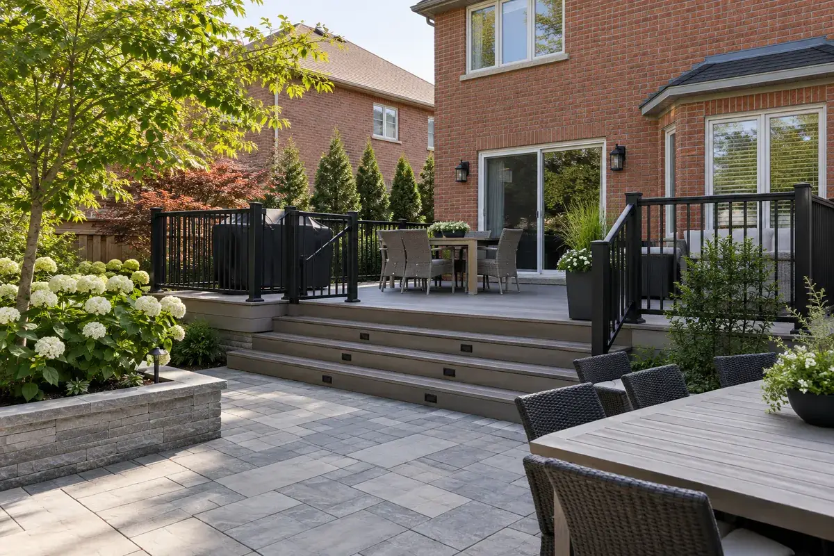 New composite deck with black aluminum railings behind a red brick house