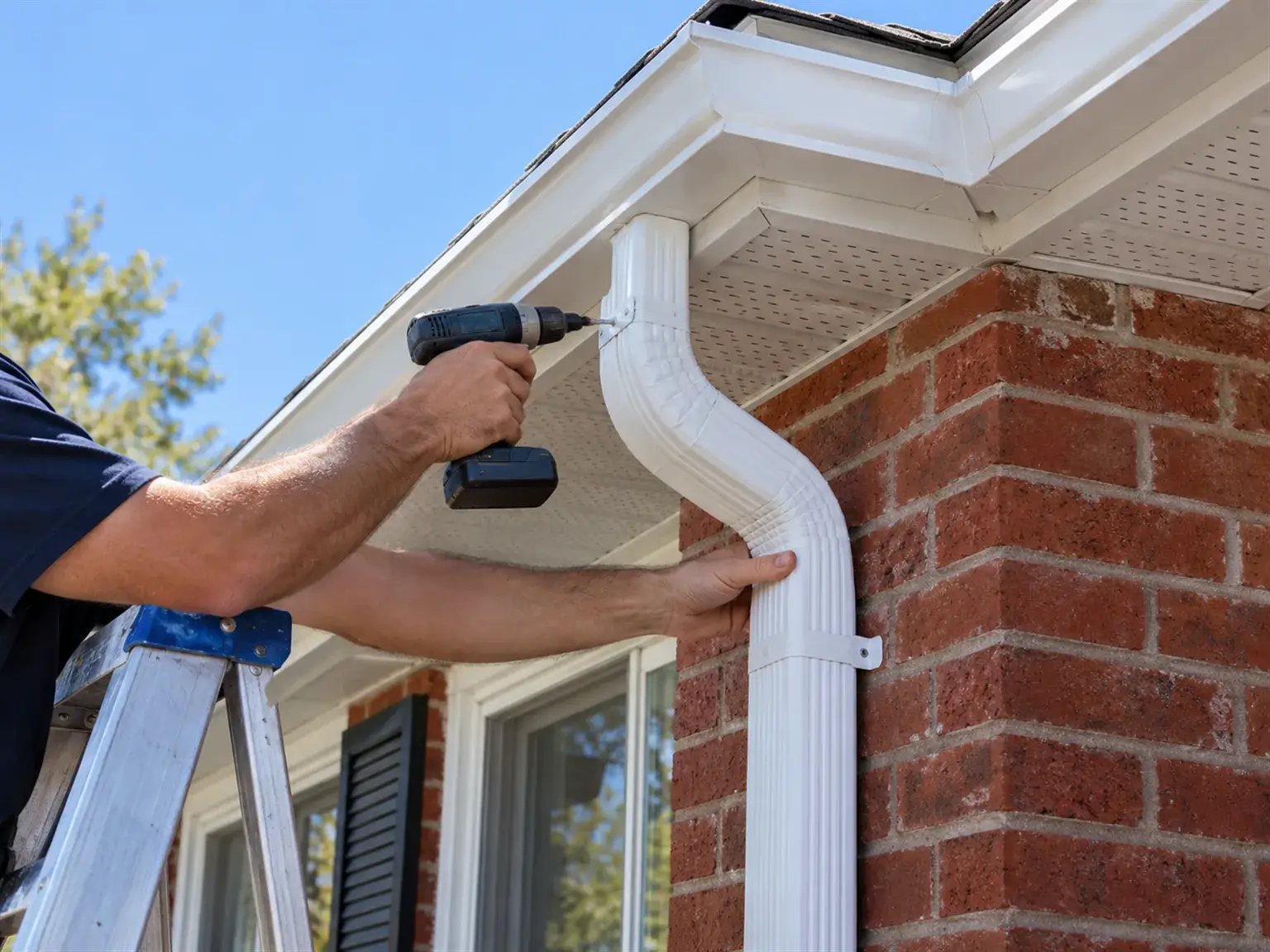 New aluminum eavestrough and downspout installed on a brick house