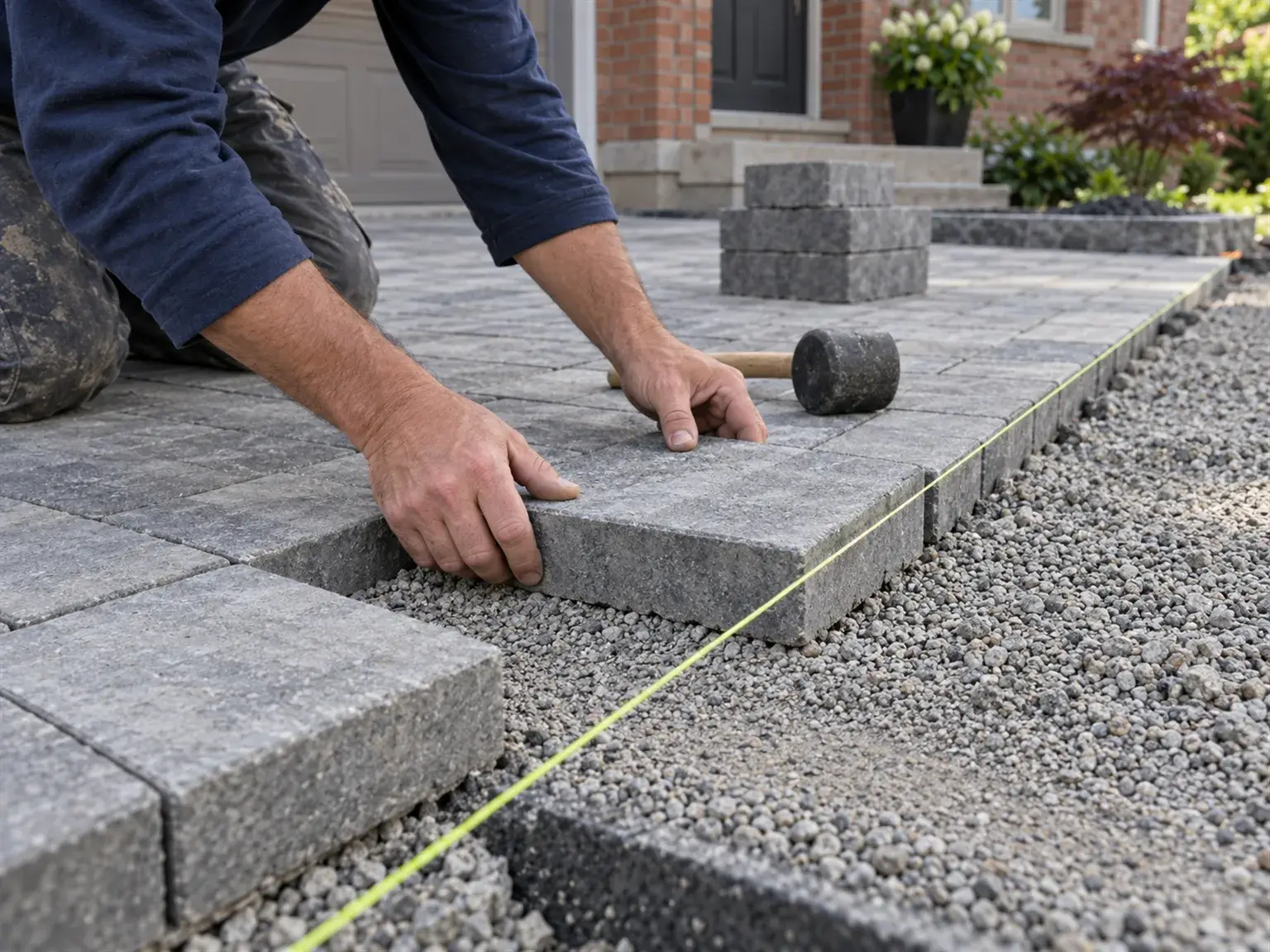 Interlocking pavers being laid for a new driveway