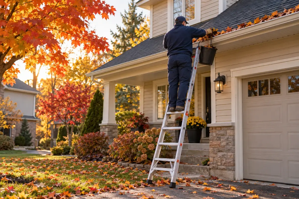 Fall seasonal home maintenance. Technician clearing wet leaves from a gutter on a ladder in the fall