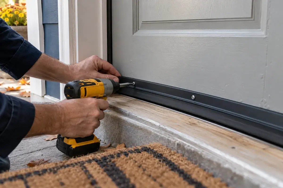 Hands fitting a new door sweep and weatherstripping at the bottom of a front door