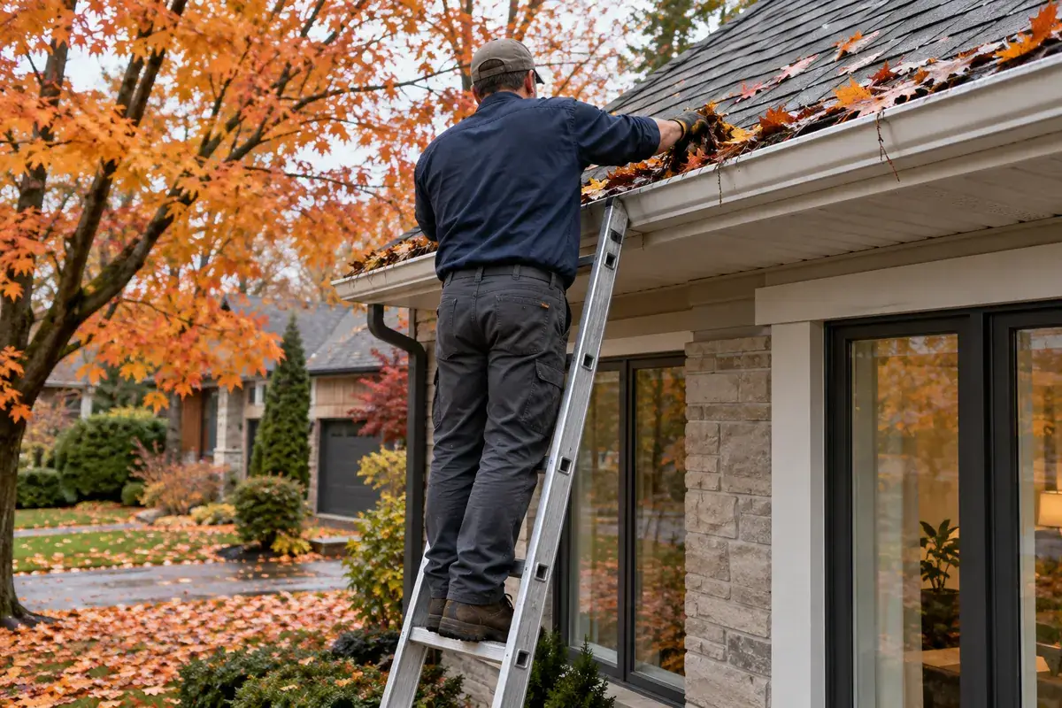 Technician on a ladder clearing wet leaves out of a gutter in the fall