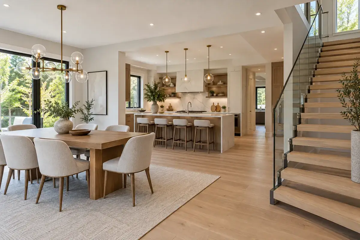 Fully renovated house with an open staircase, glass railing and white oak treads