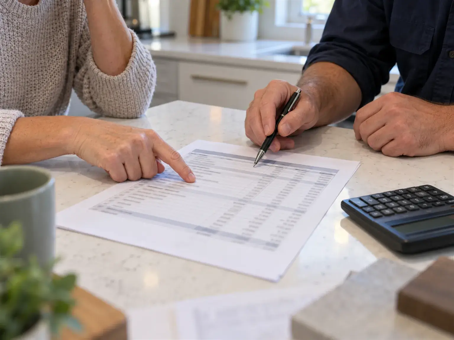 Homeowner and contractor going over a printed renovation cost breakdown on a kitchen island