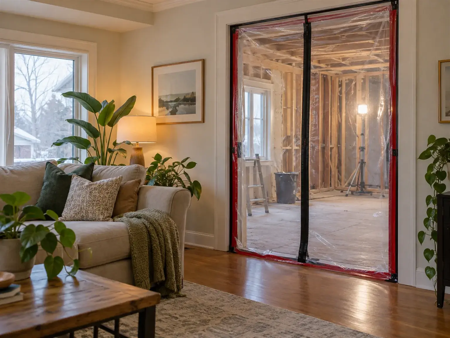 Finished living room next to a room sealed off with a dust barrier during a renovation in stages