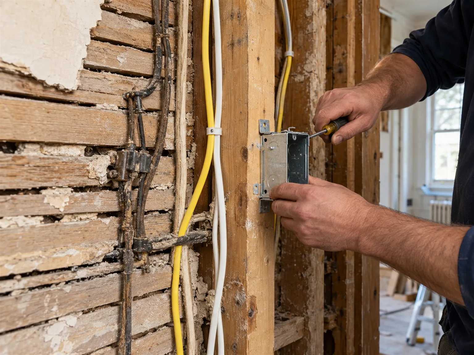 Old cloth wiring replaced with new electrical cable inside an opened plaster wall in an older Toronto house