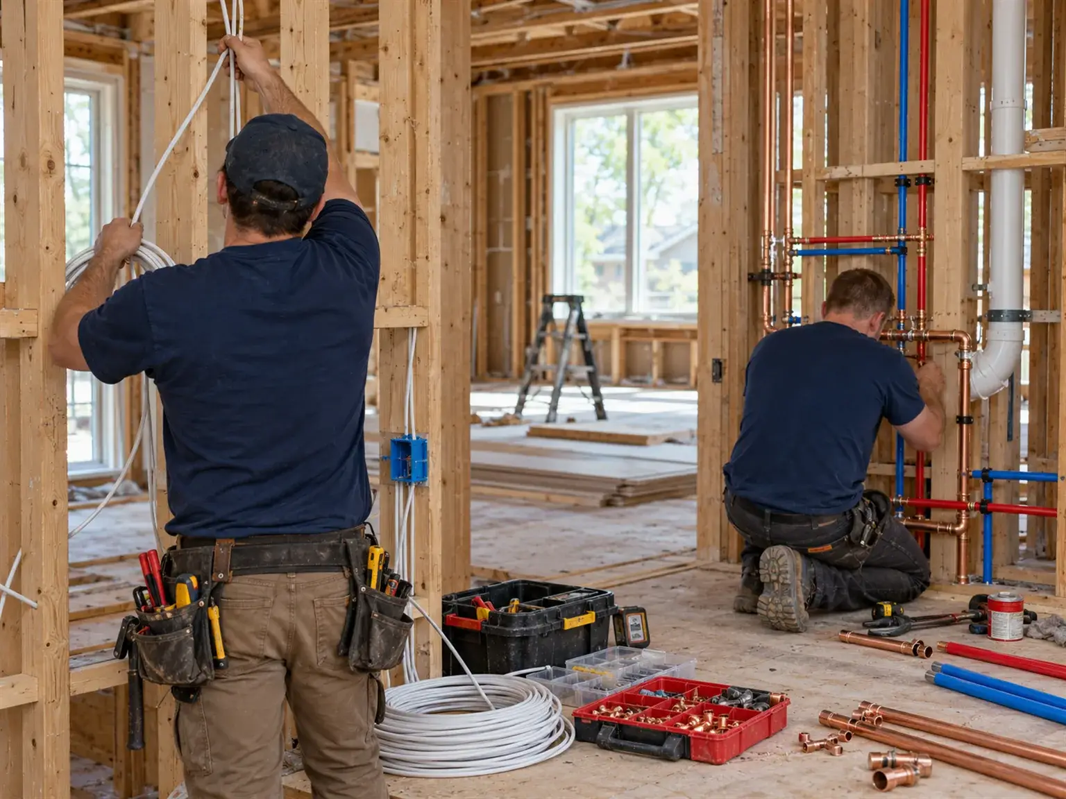 Electrician and plumber working at the same time inside a gutted house during a full home renovation