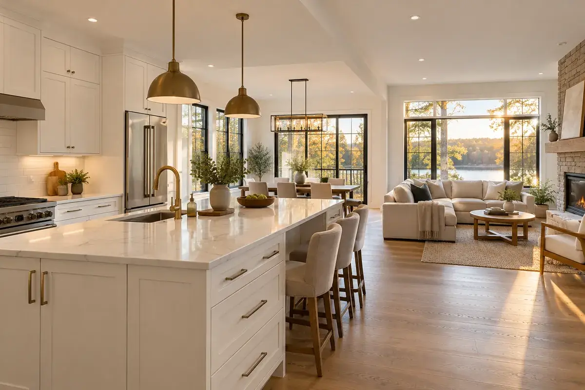 Bright open-concept main floor with a white kitchen, a quartz island and oak floors after a home renovation