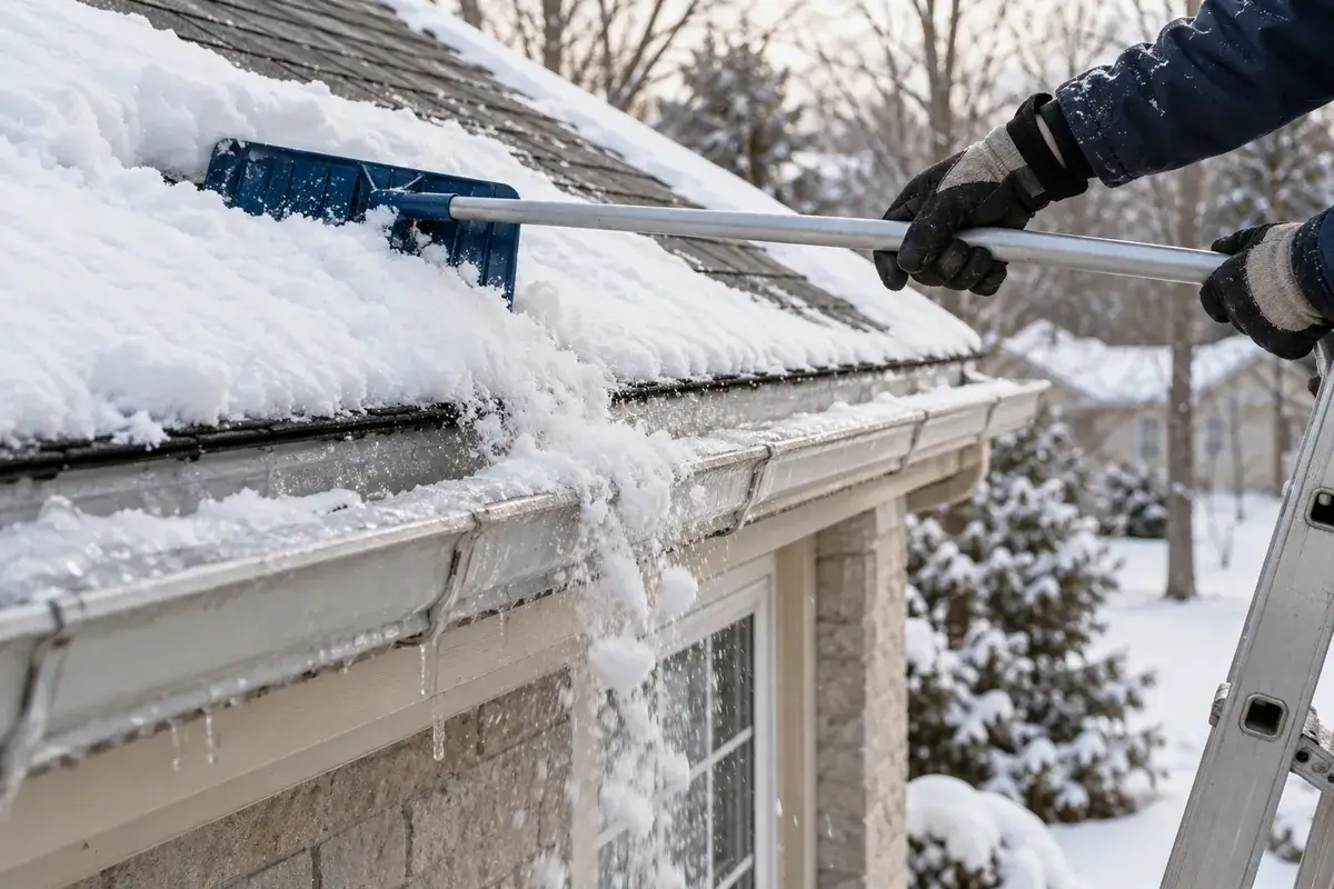 Gloved hands using a roof rake to pull snow off the lower edge of a shingled roof