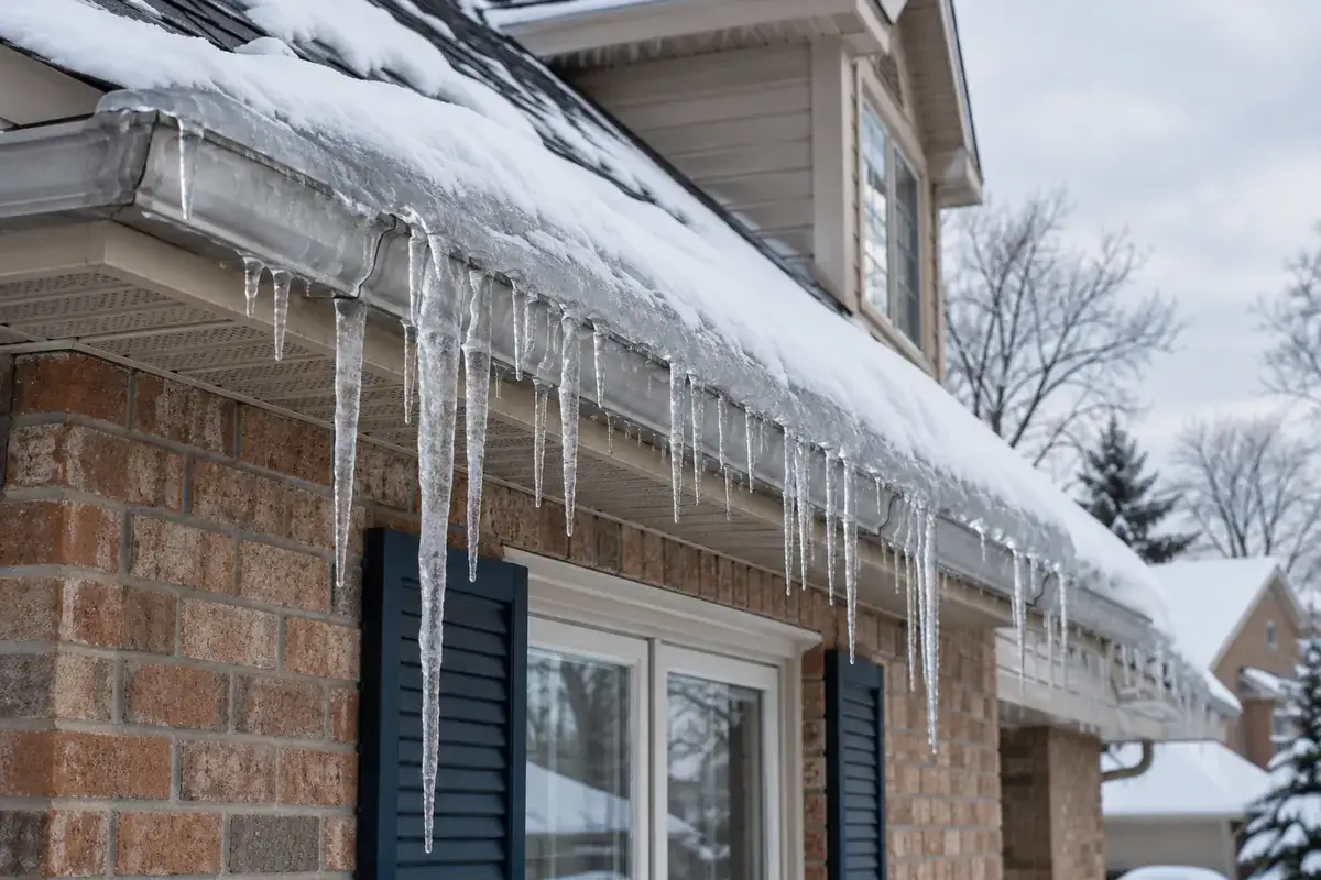 A thick ridge of ice and long icicles along a frozen gutter on a brick house in winter
