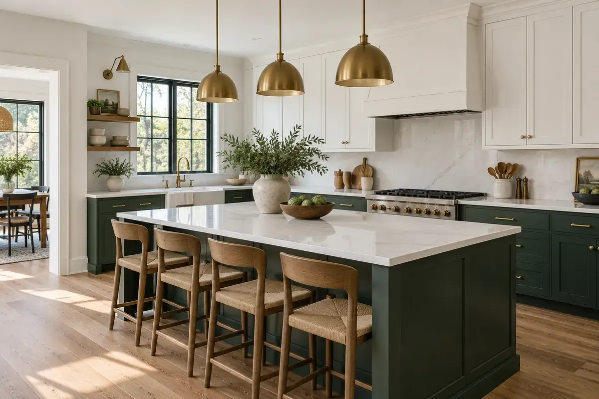 Renovated kitchen with green lower cabinets, white uppers, brass hardware and a large island