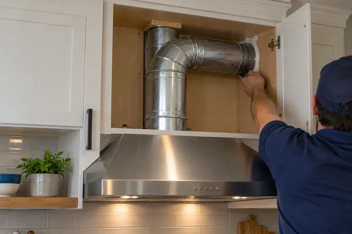 Range hood venting: ducted or recirculating, and why it matters range hood duct exterior wall Technician connecting a rigid metal duct from a range hood through the upper cabinet toward the exterior wall